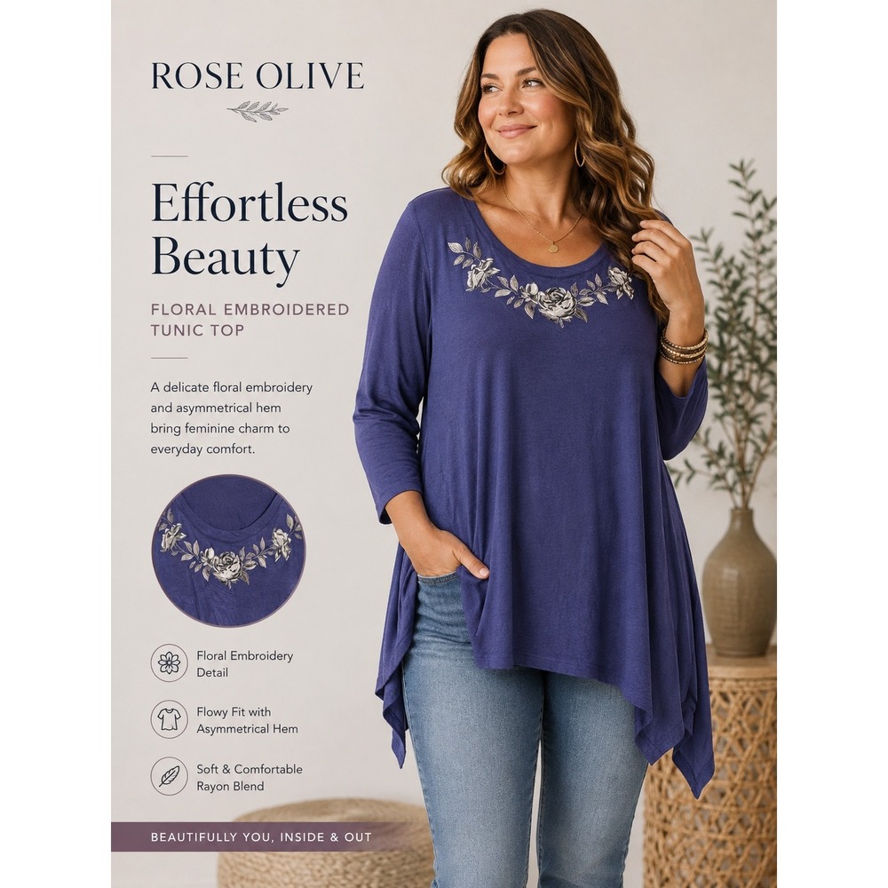 NEW Rose + Olive Womens 3X Blue Floral Embroidered Tunic Top Asymmetrical Hem
